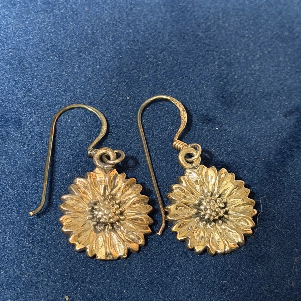 Daisy Sunflower Dangle Charm Earrings, Sterling Silver French Hook Ear‎ Wire